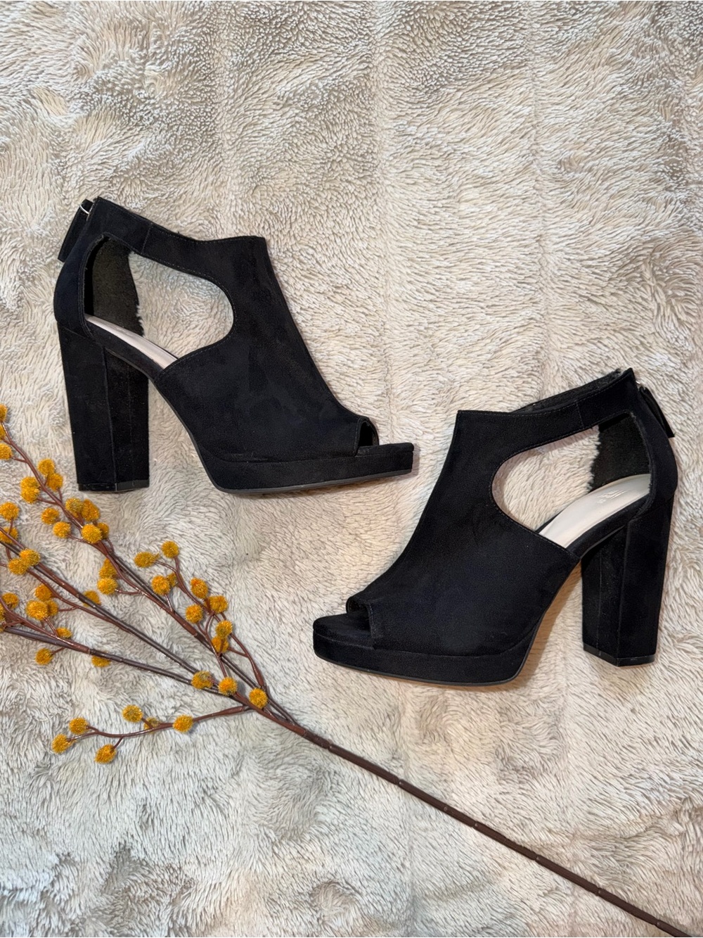 H&M Black Suede Peep-Toe Block Heel Sandals